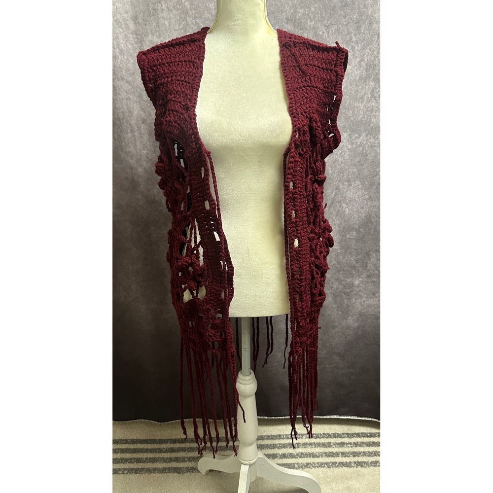 Handmade Crochet Floral Fringe Vest Burgundy Wine Open Knit Boho Festival M READ